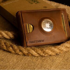 Brown Leather Wallet with Airtag Holder
